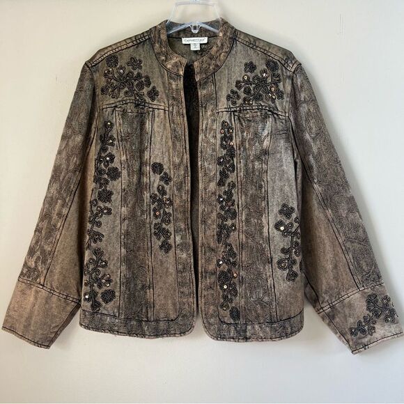 Coldwater Creek Burnout Art to Wear Mocha Embroidered Denim Jacket Size XL - Picture 1 of 15